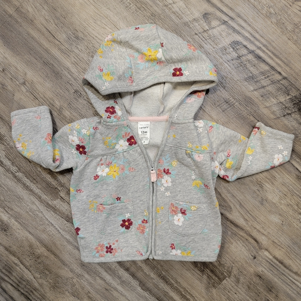 Carters Grey Floral Hooded Zip Sweatshirt
